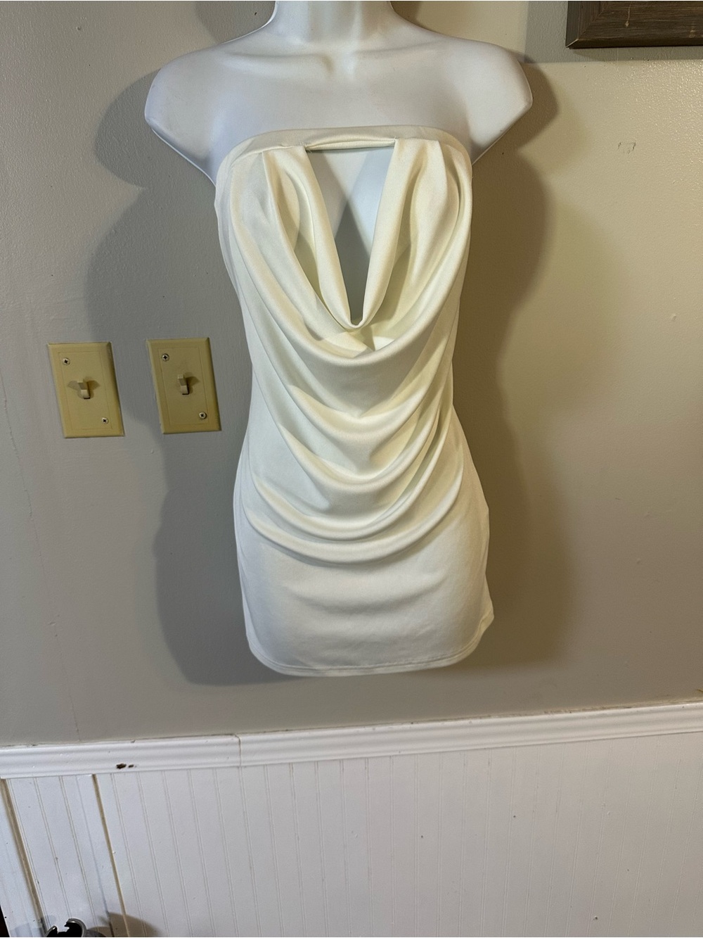 SHEIN Cream Strapless Cowl Drape Mini Dress